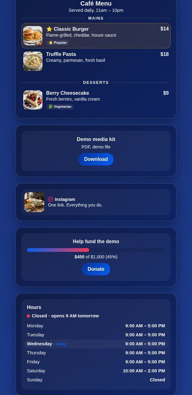 A real MyBioKit café page showing a food menu with dishes and prices