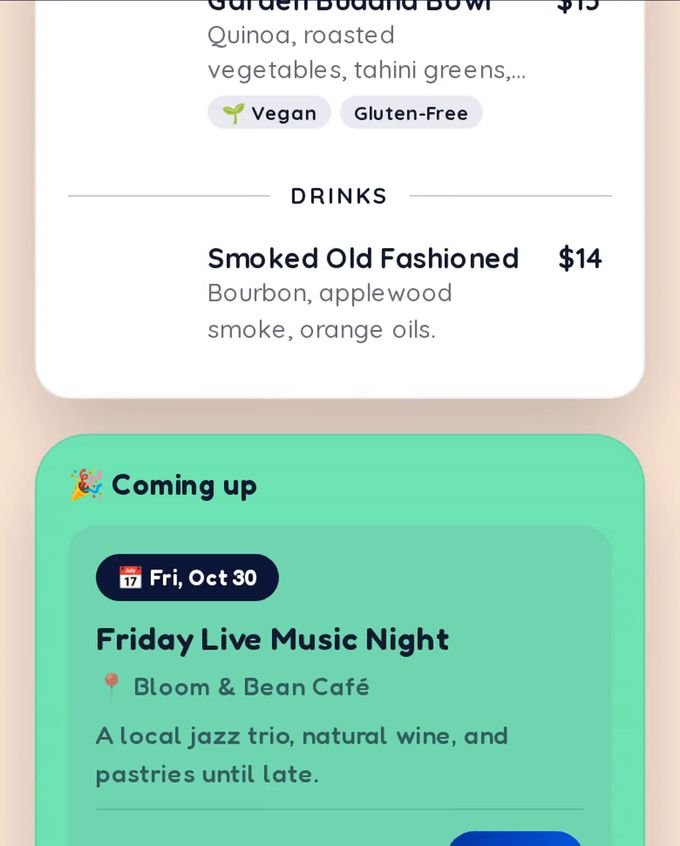 Menu widget showing a café menu with prices